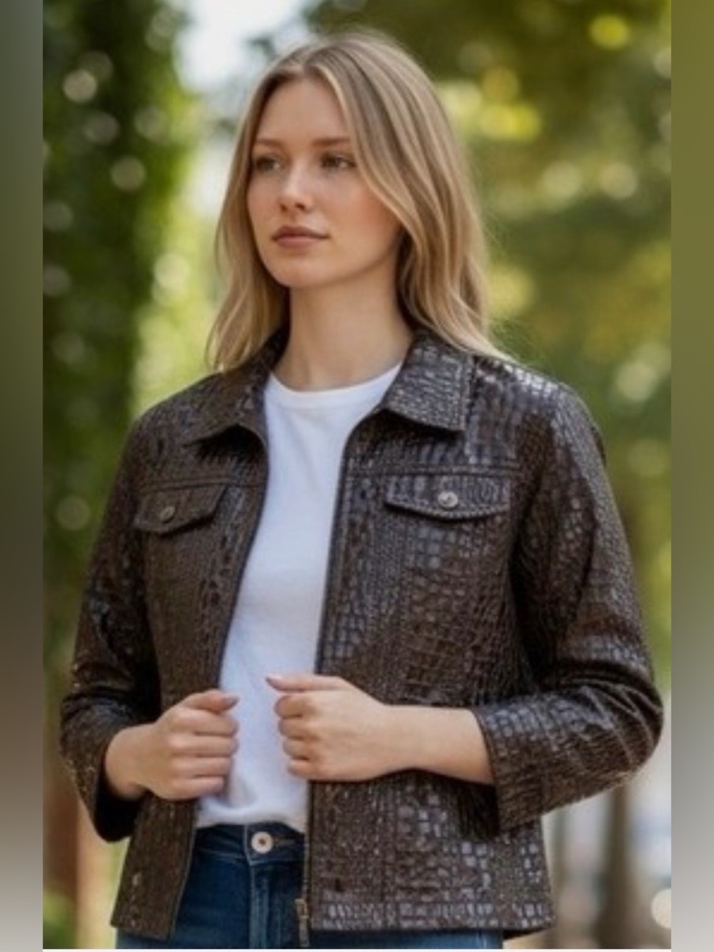 RubyRd Croc-Embossed Shackjacket Brown Minimalist Academia Retro Business Casual